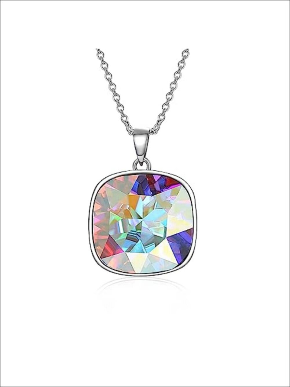 Sterling Silver Cushion Cut Crystal Pendant Necklace Adjustable 18+2 Inch